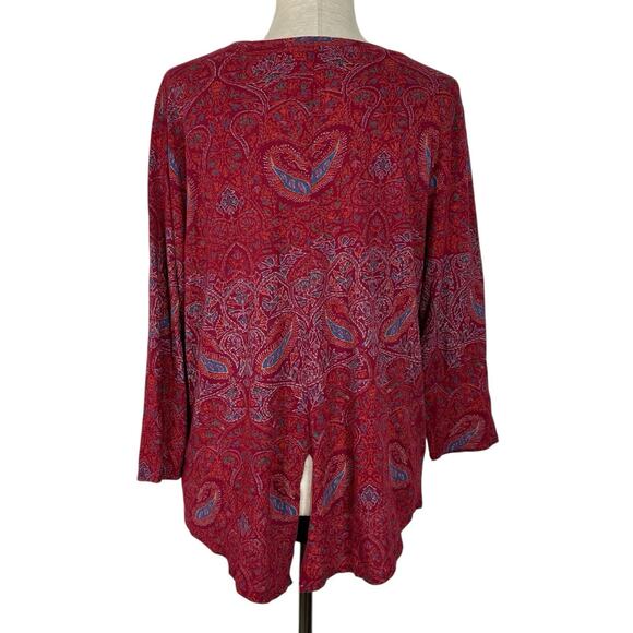 Lucky Brand Boho Top Women Large Red Paisley Slub Knit Split Back Tunic - Picture 3 of 11